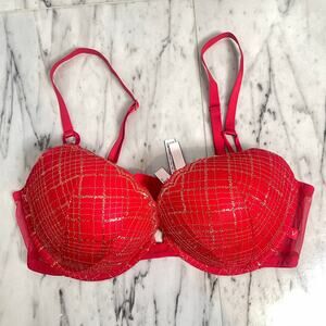 Victoria’s Secret Push-Up Bra 38C Red Gold Metallic Lace Underwire